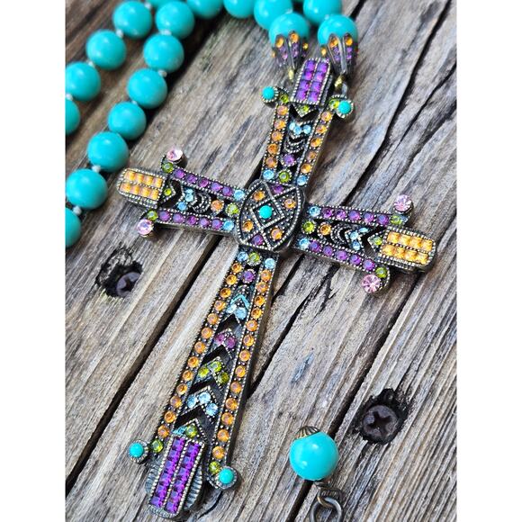 Vintage Heidi Daus Beaded, Swarovski Crystal Bronze Tone Cross Necklace - Picture 1 of 8